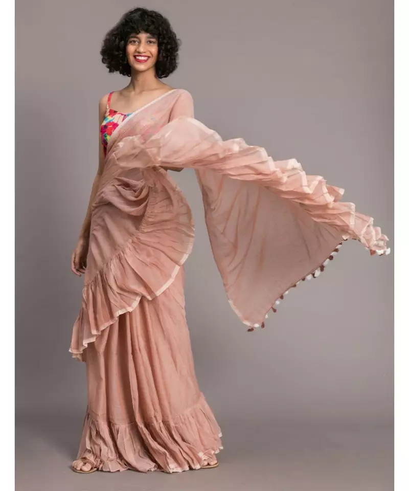 Suta Women Beige Pure Cotton Solid Ruffle Saree