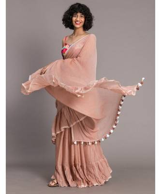 Suta Women Beige Pure Cotton Solid Ruffle Saree 3