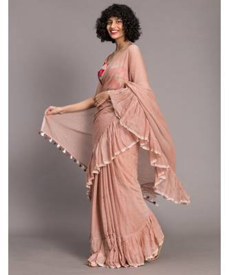 Suta Women Beige Pure Cotton Solid Ruffle Saree 4