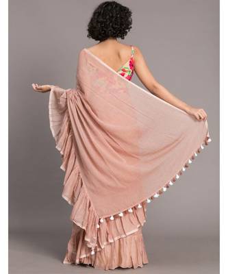 Suta Women Beige Pure Cotton Solid Ruffle Saree 5