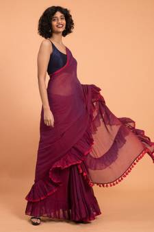Suta Women Burgandy Pure Cotton Solid Ruffle Saree