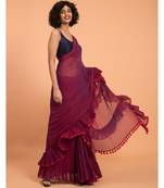 Suta Women Burgandy Pure Cotton Solid Ruffle Saree