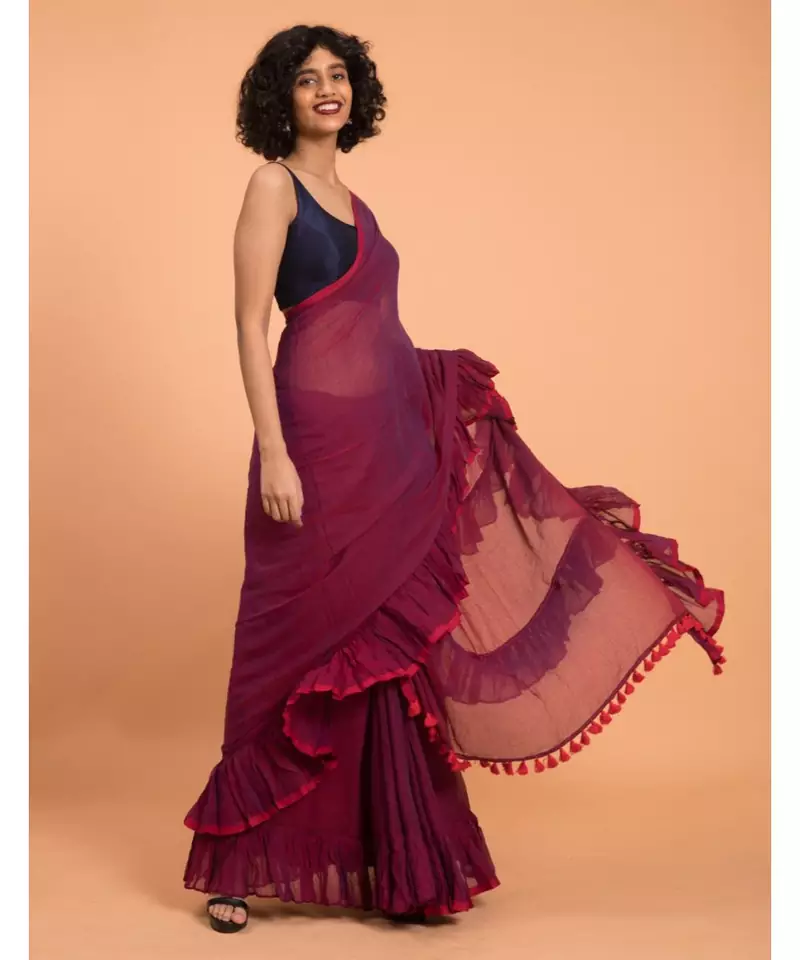 Suta Women Burgandy Pure Cotton Solid Ruffle Saree