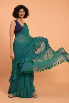 Suta Women Teal-Coloured Pure Cotton Solid Ruffle Saree