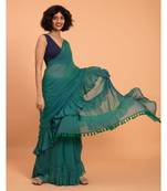 Suta Women Teal-Coloured Pure Cotton Solid Ruffle Saree