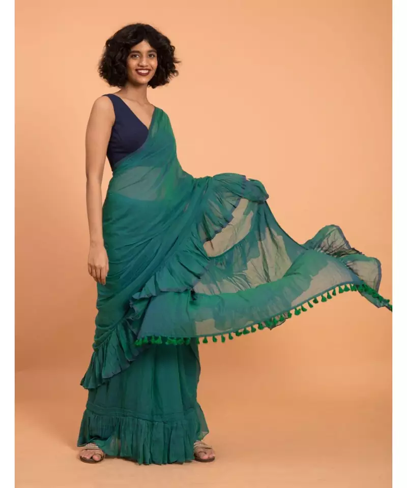 Suta Women Teal-Coloured Pure Cotton Solid Ruffle Saree