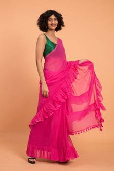 Suta Women Pink Pure Cotton Solid Ruffle Saree