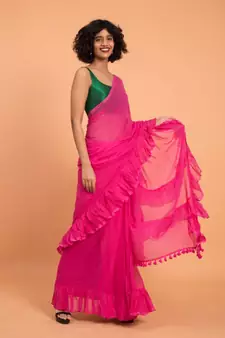 Suta Women Pink Pure Cotton Solid Ruffle Saree