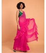 Suta Women Pink Pure Cotton Solid Ruffle Saree