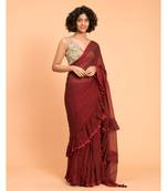 Suta Women Maroon Pure Cotton Solid Ruffle Saree