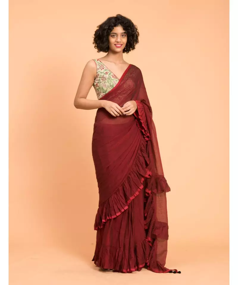 Suta Women Maroon Pure Cotton Solid Ruffle Saree