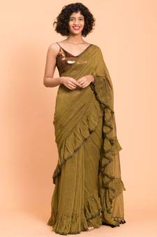 Suta Women Olive Green Pure Cotton Solid Ruffle Saree