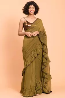 Suta Women Olive Green Pure Cotton Solid Ruffle Saree