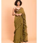 Suta Women Olive Green Pure Cotton Solid Ruffle Saree