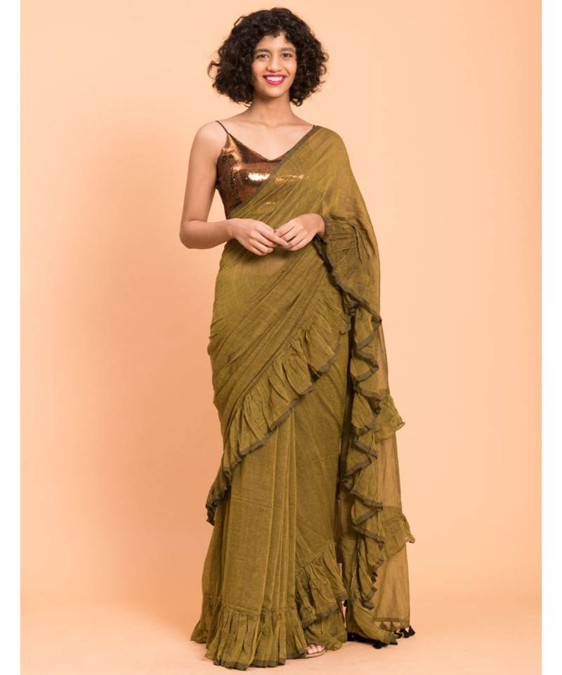 Suta Women Olive Green Pure Cotton Solid Ruffle Saree