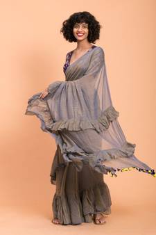 Suta Women  Grey Pure Cotton Solid Ruffle Saree
