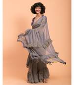 Suta Women  Grey Pure Cotton Solid Ruffle Saree
