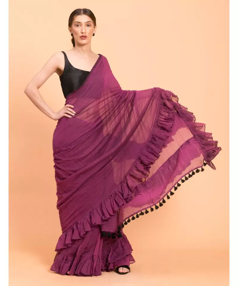 Suta Purple Solid Pure Cotton Ruffle Saree