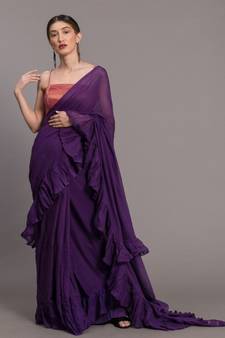 Suta Women Violet Pure Cotton Solid Ruffle Saree
