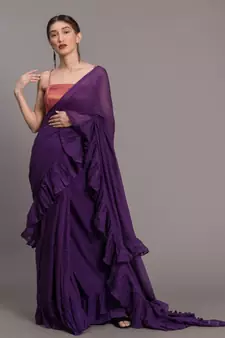 Suta Women Violet Pure Cotton Solid Ruffle Saree