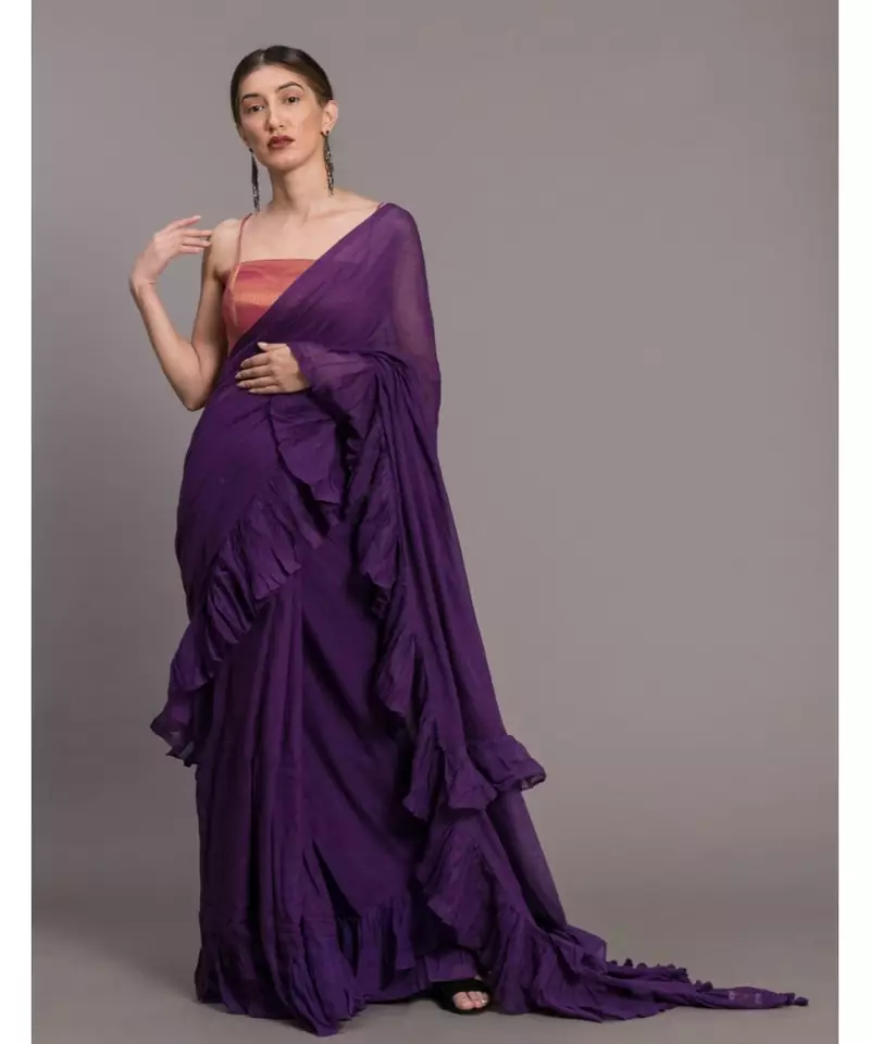 Suta Women Violet Pure Cotton Solid Ruffle Saree