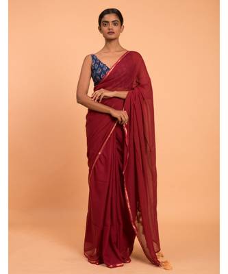 Suta Red Gold-Toned Zari border Pure Cotton Solid Saree 1
