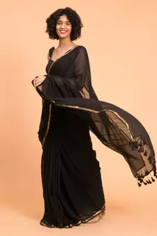 Suta Black Gold Toned Zari Border Cotton Solid Saree