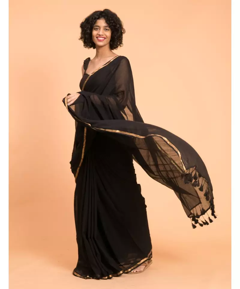 Suta Black Gold Toned Zari Border Cotton Solid Saree