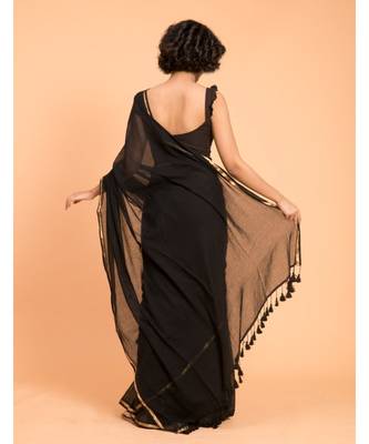 Suta Black Gold-Toned Zari border Pure Cotton Solid Saree 5