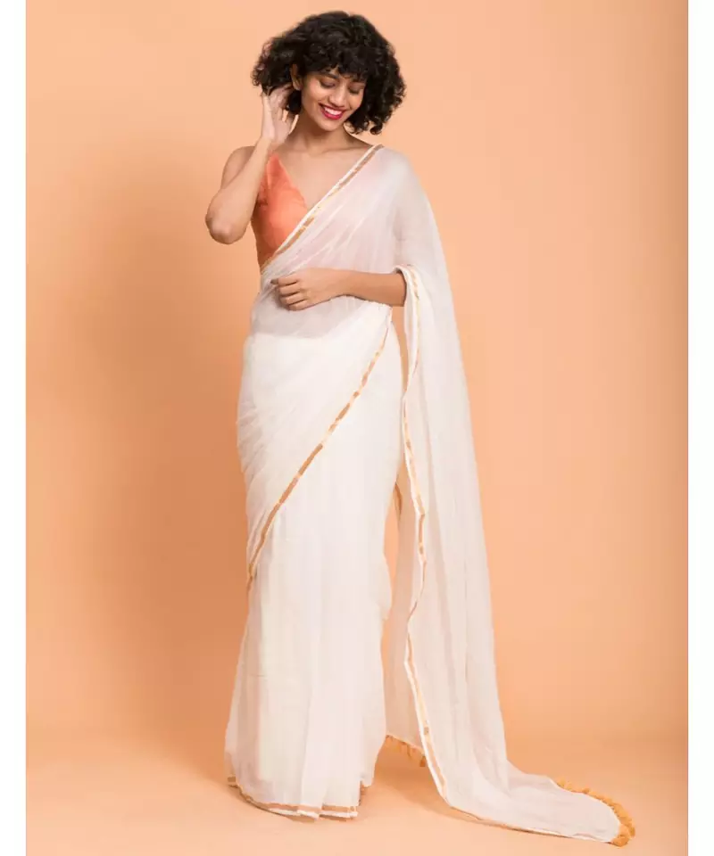 Suta White Gold-Toned Zari border Pure Cotton Solid Saree
