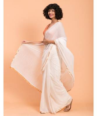Suta White Gold-Toned Zari border Pure Cotton Solid Saree 3