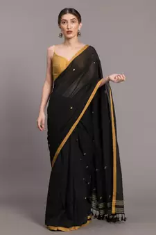 Suta Black  Yellow Floral Motifs Pure Cotton Saree
