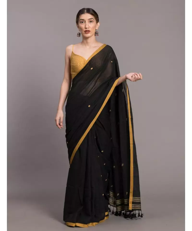 Suta Black  Yellow Floral Motifs Pure Cotton Saree