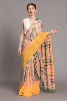 Suta Women Yellow  Peach Tie and Dye Saree