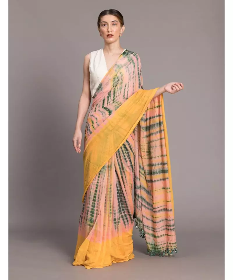 Suta Women Yellow  Peach Tie and Dye Saree