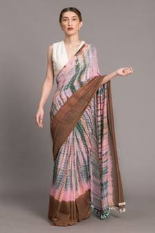 Suta Women Peach  Brown Cotton Tie and Dye Saree