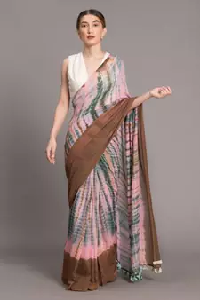 Suta Women Peach  Brown Cotton Tie and Dye Saree