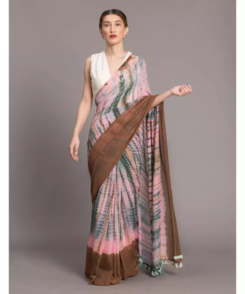 Suta Women Peach  Brown Cotton Tie and Dye Saree