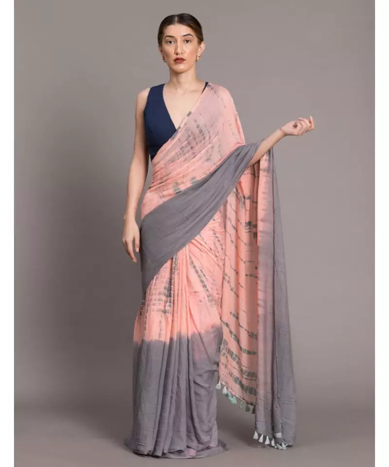 Suta Peach Grey Tie and Dye pure Cotton Saree