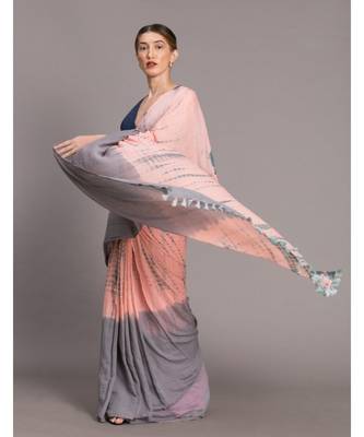Suta Peach Grey Tie and Dye pure Cotton Saree 4