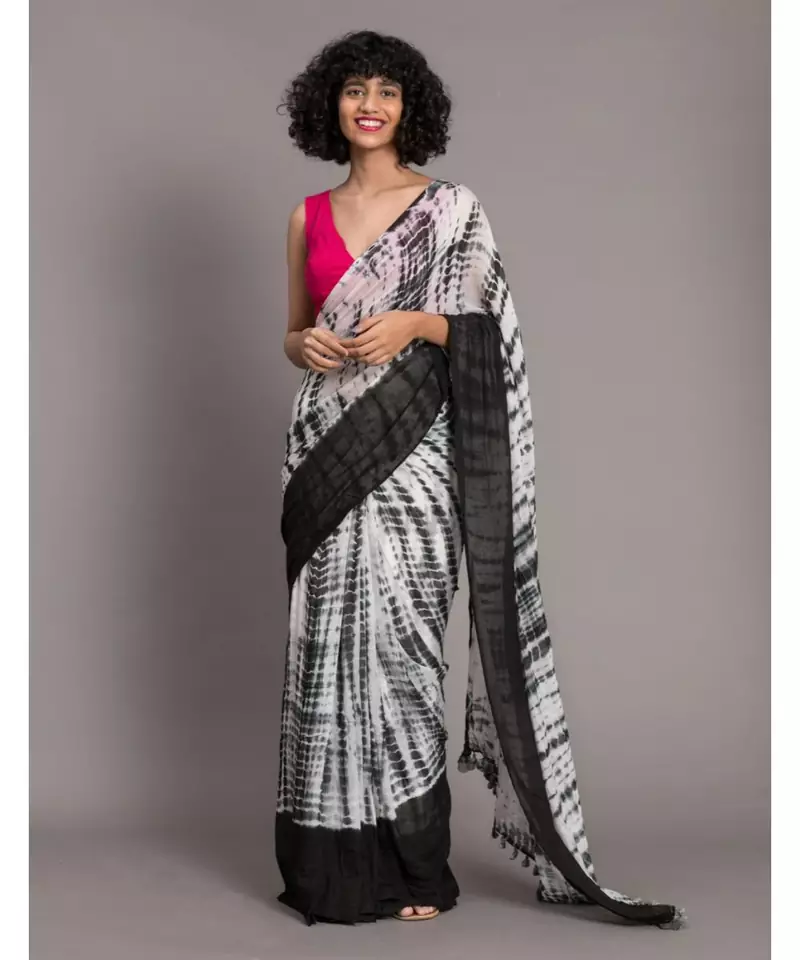 White & Black Tie and Dye pure cotton  Saree