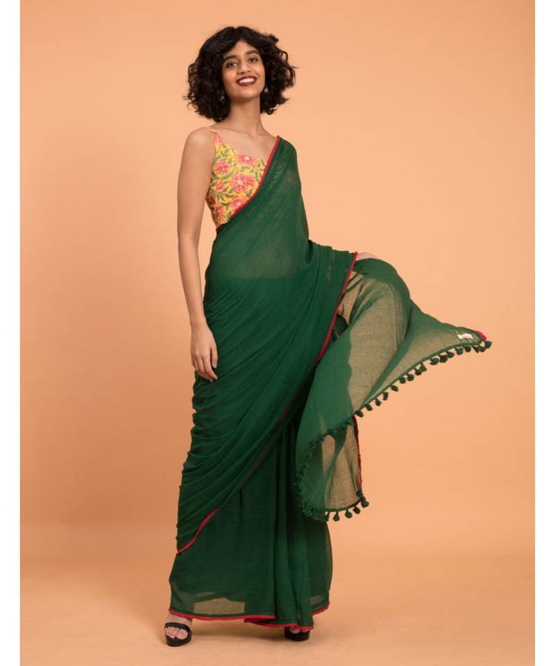 Suta Green & Red Solid Pure Cotton Saree