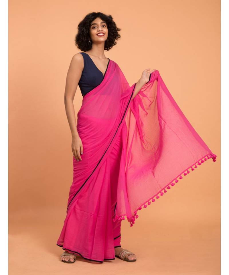 Suta Women Pink  Black Solid Cotton Saree