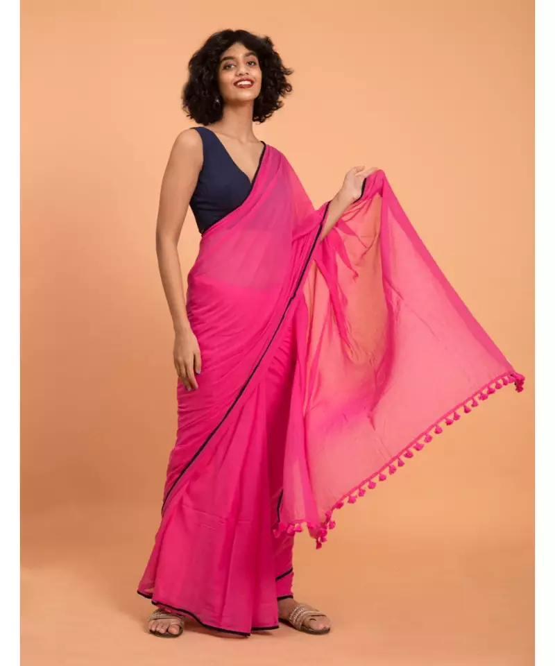 Suta Women Pink  Black Solid Cotton Saree