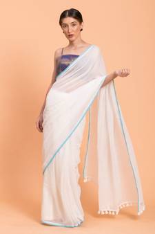 Suta Women White & Blue Solid Cotton Saree