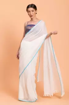 Suta Women White & Blue Solid Cotton Saree