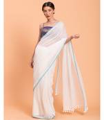 Suta Women White & Blue Solid Cotton Saree