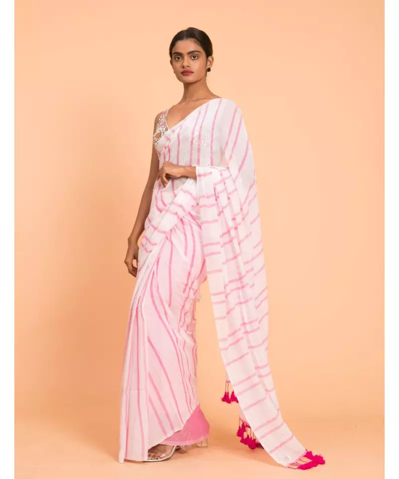 Suta White Pink stripes Pure Cotton Saree