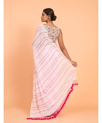Suta White Pink stripes Pure Cotton Saree 4