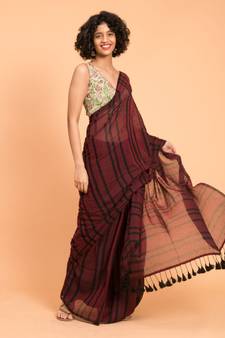 Suta Women Maroon  Black stripes Pure Cotton Saree
